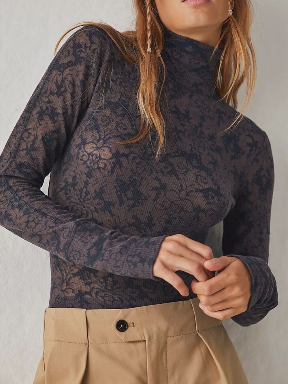 Free People You And I Black Graphic Print Turtleneck Thermal Long Sleeve Top